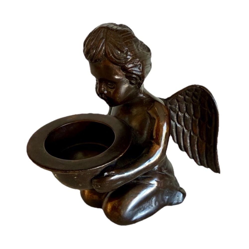 Vintage Bronze Angel Winged Cherub Candle Holder Incense Christian Holy Water